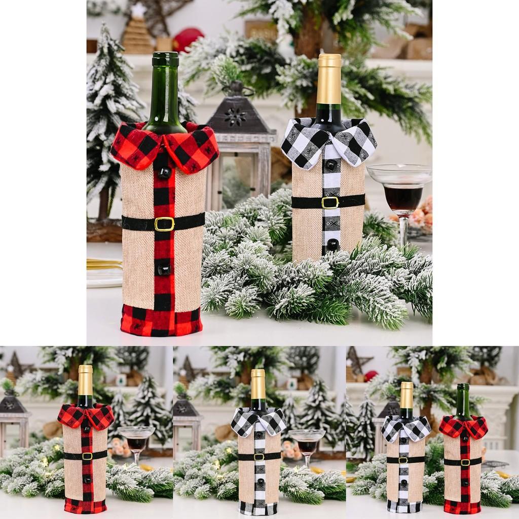 Red Cozy And Black Tartan Wine Bottle Sleeve With Elegant Burlap Bell For Holiday Celebrations