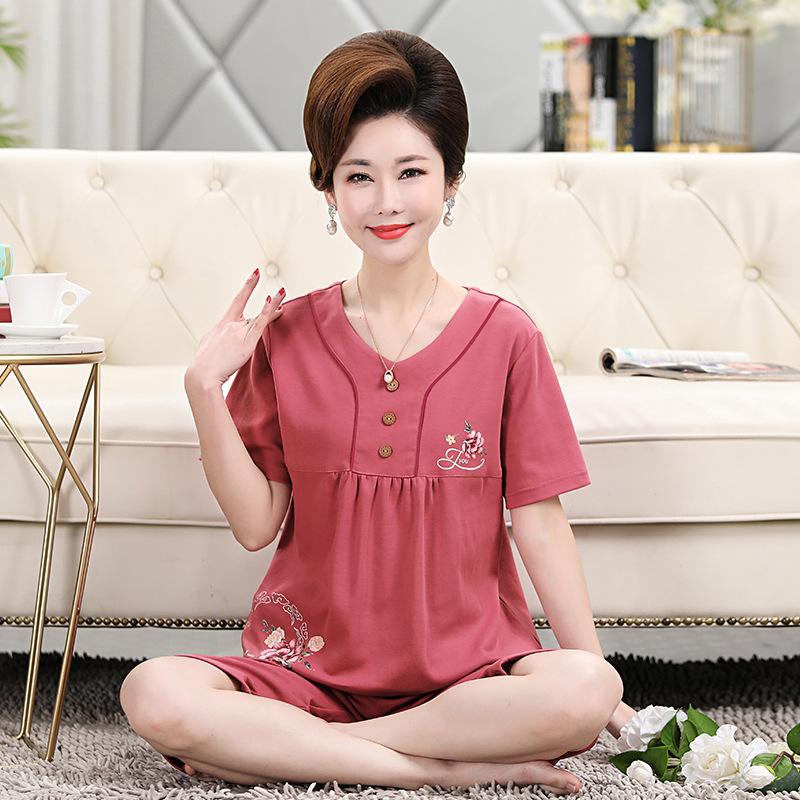 Women's Summer Clothing Sets Middle-aged and Elderly Loose Short-sleeved Blouse + Seven-piece Pants Home Two-piece Set