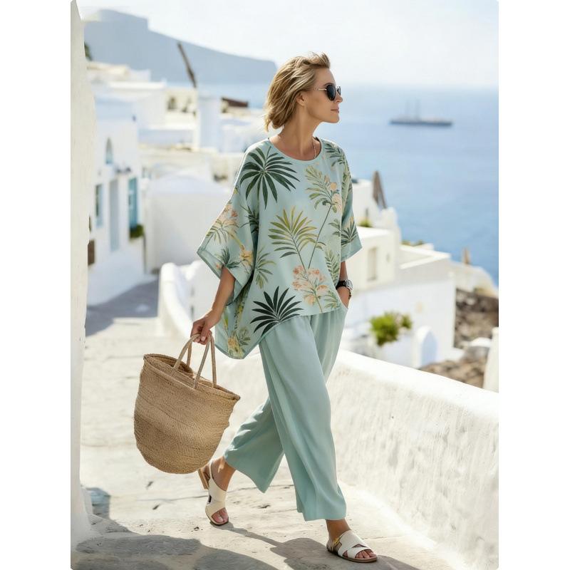One wholesale, European and American style suit, summer loose round neck bat sleeve top, casual wide-leg pants two-piece set