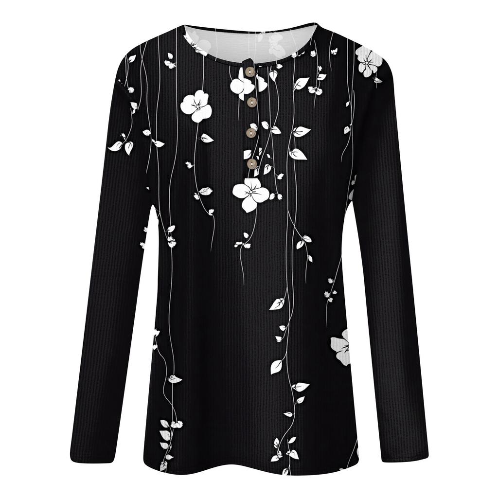 Women's T Shirt Tee Print Button Long Sleeve Daily Weekend Fashion Basic V- Neck Regular Top