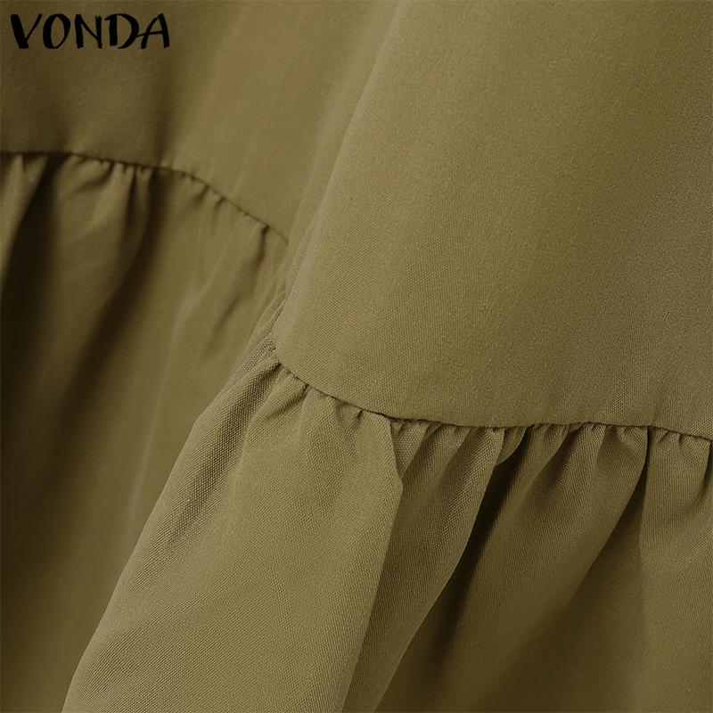 VONDA Women Stand Neck Back Bow Knot Short Sleeve Ruffled Hem Midi Dress