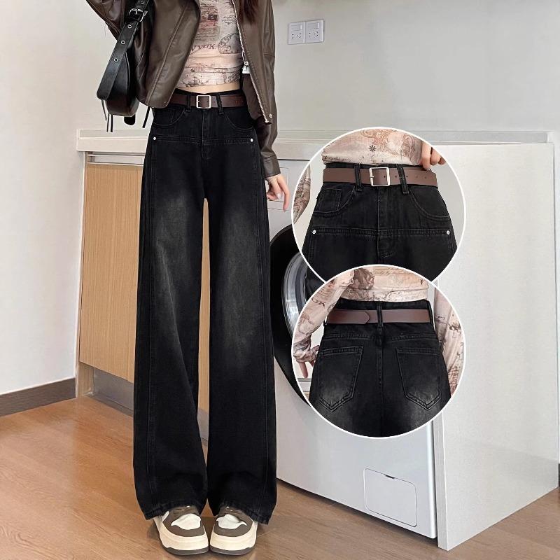 High Waist Wide Leg Jeans Women's Velvet Winter, New Black Loose Narrow Straight Pants