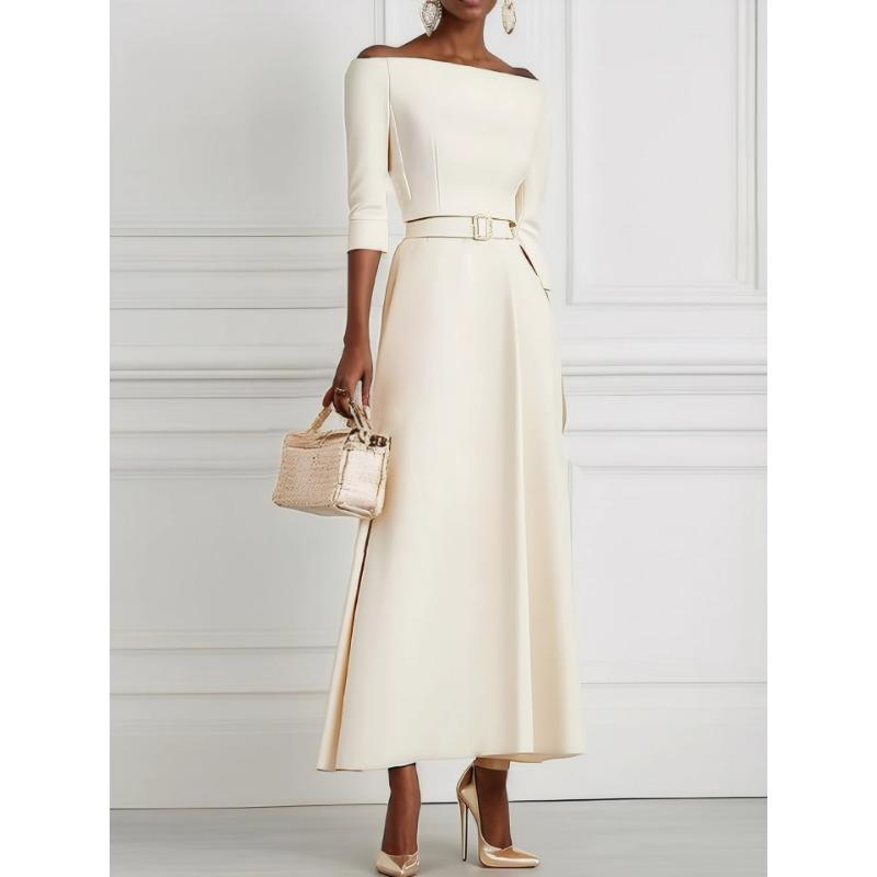 

YYFS Женская мода Лето Весна Однотонный принт Рукава 1/2 На одно плечо Завышенная талия Повседневные платья S