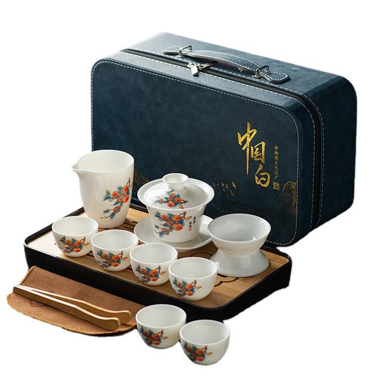 White Porcelain Tea Set, Full Set of Kung Fu Tea Set, Suet Jade Cover Bowl, Teacup, Travel Tea Set