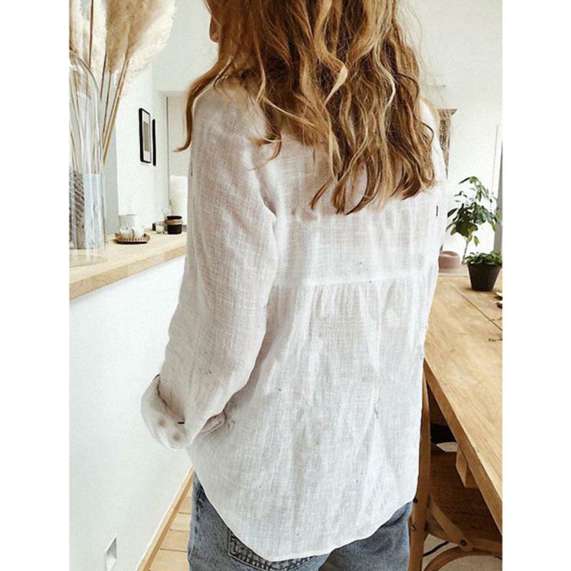 2023 European & American Women's Casual Loose Long Sleeve Cotton Linen Shirt - Solid Color
