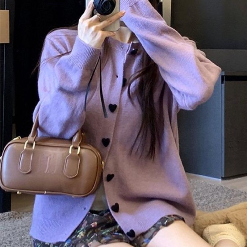 Lazy Knitted Cardigan Spring and Autumn Sweater New Loose and Thin Love Button Long Sleeve Jacket Top Women