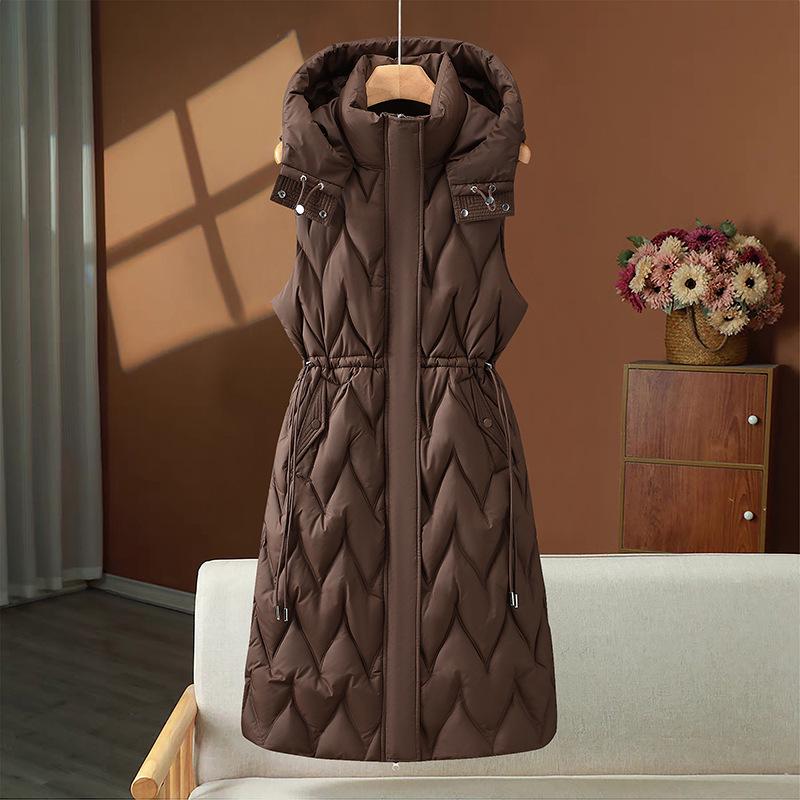 Women's Mid-Length Hooded Thick Cotton Vest - Autumn/Winter Korean Style Plus Size Gilet Jacket