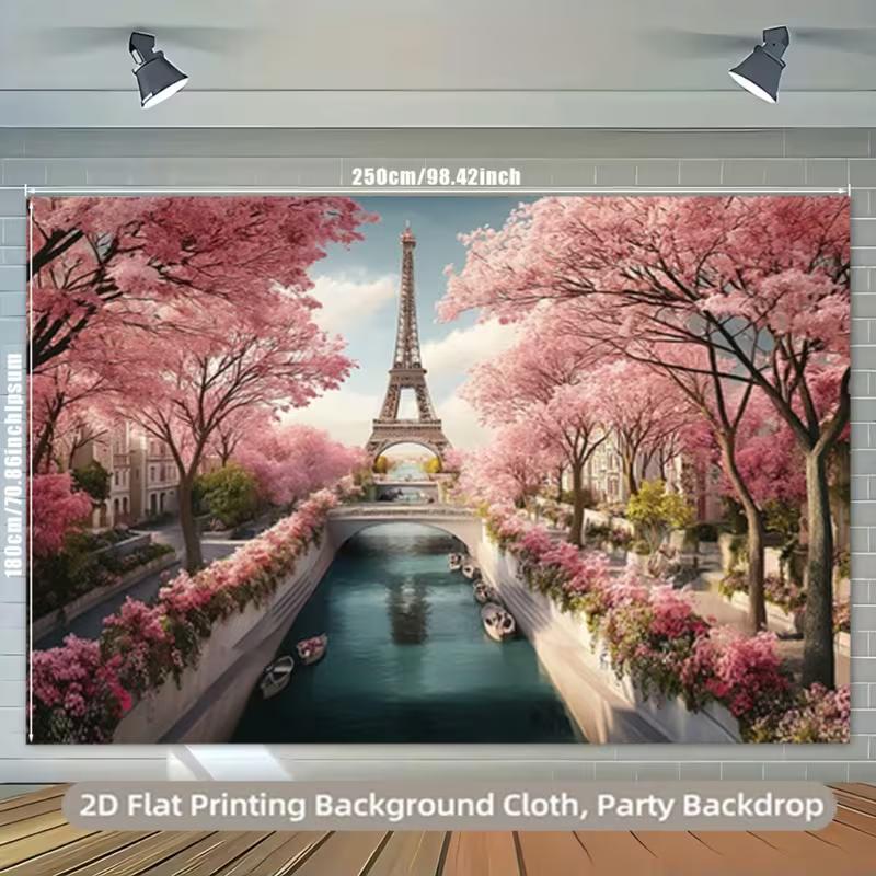2D Paris Eiffel Tower Backdrop, Pink Cherry Blossom & Seine River Background for Wedding Photoshoot