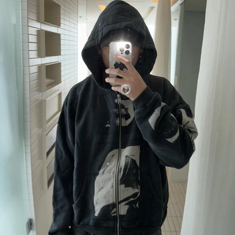 Unisex Oversized Hooded Sweatshirt With Distressed Graphic Print Cotton Blend Fall Casual Wear
