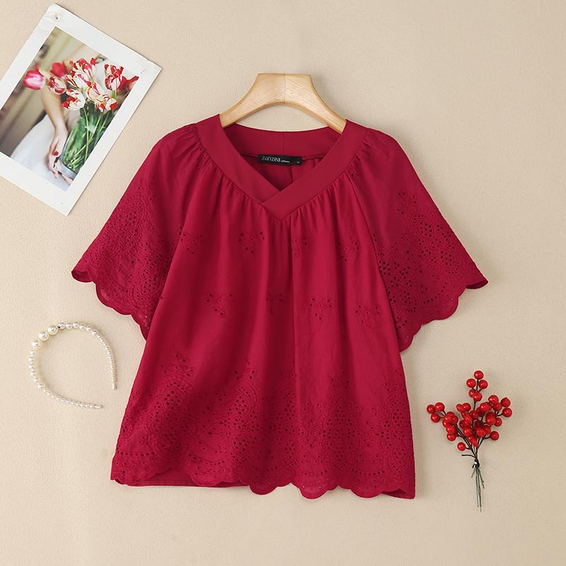 ZANZEA Women Casual V-Neck Short Sleeve Patchwork Crochet Blouse