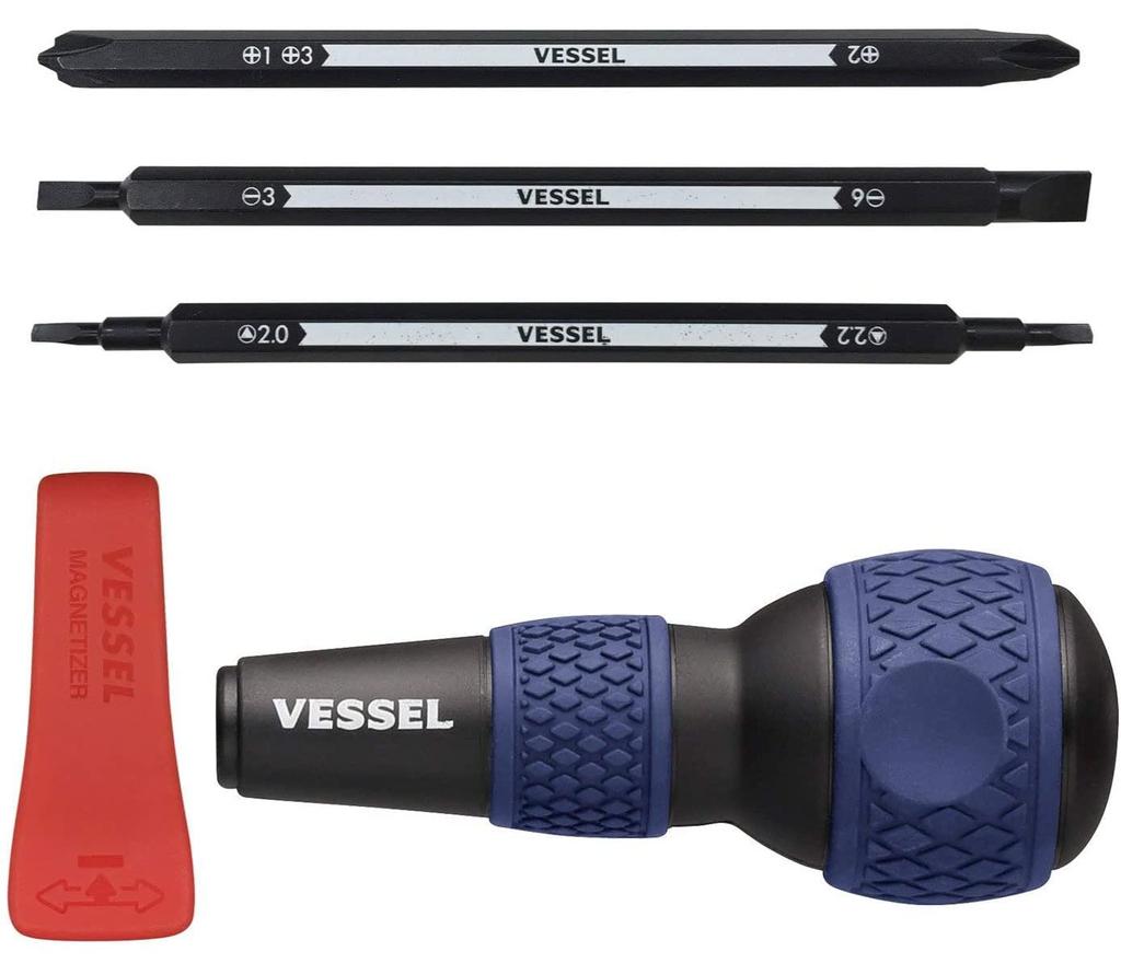 VESSEL Ball Grip Interchangeable Screwdriver for Home Use Can Turn 7 Types of and (Blue) - Screws Phillips, Slotted, Triangular. 220W-BC3B