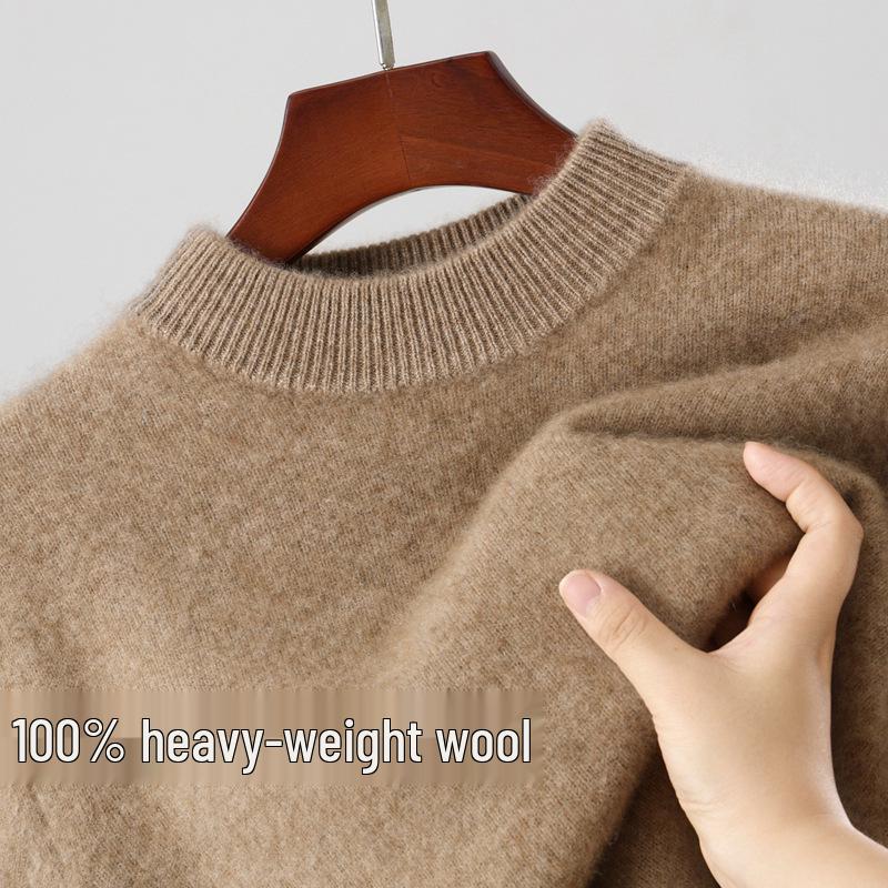Men's 100% Wool Round Neck Loose Casual Sweater - Thickened Long Sleeve Knitwear