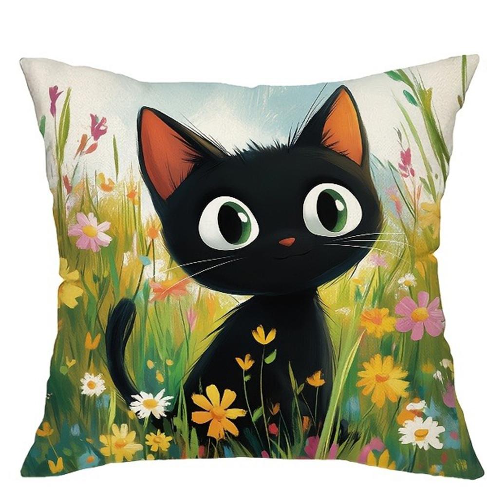 Cute Black Cat - Floral Pillow CoversLiving Room Sofa Cushion Cover, Soft and Comfortable, Bedroom Room Decoration