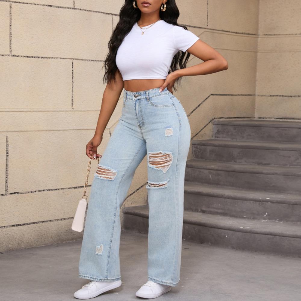 Women's Mid Rise Ripped Wide Leg Flare Jeans Loose Fit Denim Pants Urban Commuter Casual Trousers