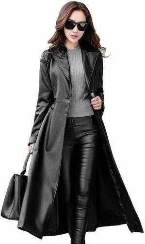 BLACK Women Handmade Formal Design  Halloween Lambskin Leather Long Trench Coat Stylish