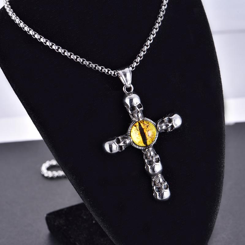Sliver Color Personalized Vintage Punk Skull Head Cross Men's Demon Eye Pendant Necklace