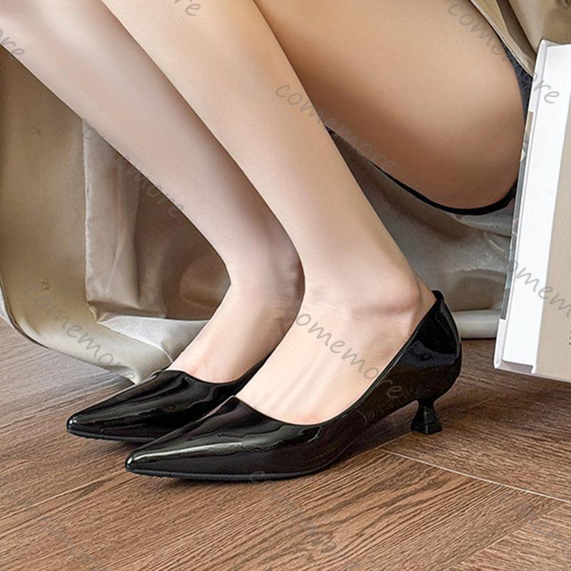 Comemore 3cm Low Heeled Shoes for Women Bright Patent Leather Pointed Toe Pumps Temperament Commuting Shallow Mouth Single Shoes