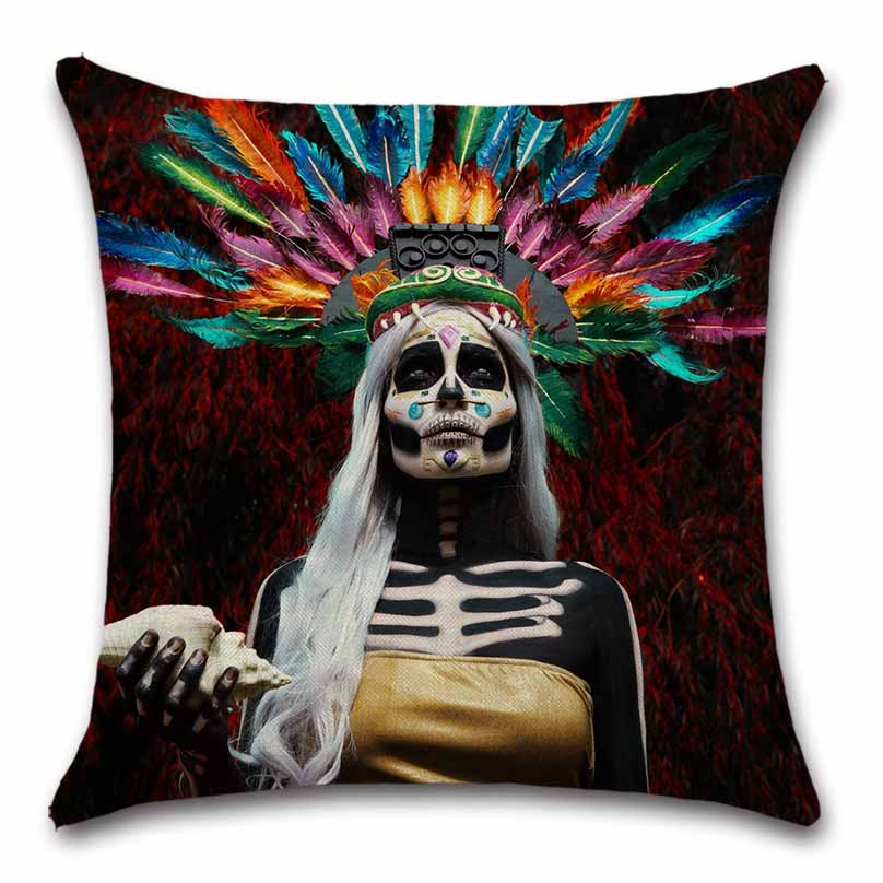 Home Sofa Seat Car Friend Office Gift Pillow Cover Skull Mexican Day of The Dead Goth Girl Linen Cushion