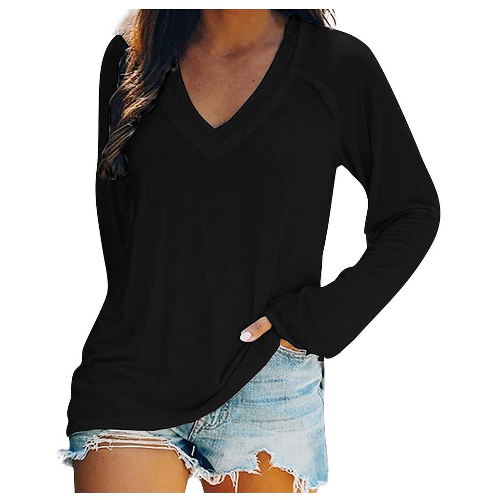 Women's Plain V Neck Tops T-Shirt Plus Size Long Sleeve Winter Loose Casual Tee Blouse Shirts