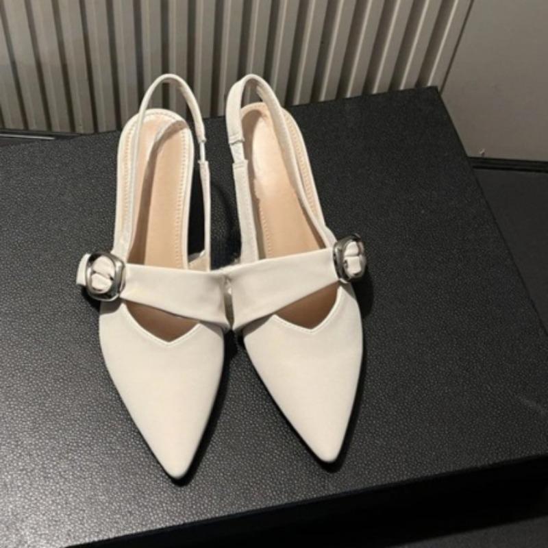 Fashion Sandals Summer New Pointed Head Shallow Mouth Metal Buckle Anti-slip Wear-resistant Baotou Square Heel Shoes
