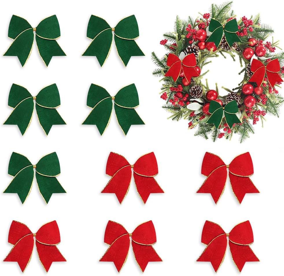 

10PCS Velvet Red & Green Christmas Wreath Bows - Winter Bows for Front Door Indoor/Outdoor Wall Tree Topper Christmas Tree Decor 19.68 x 11.41 in