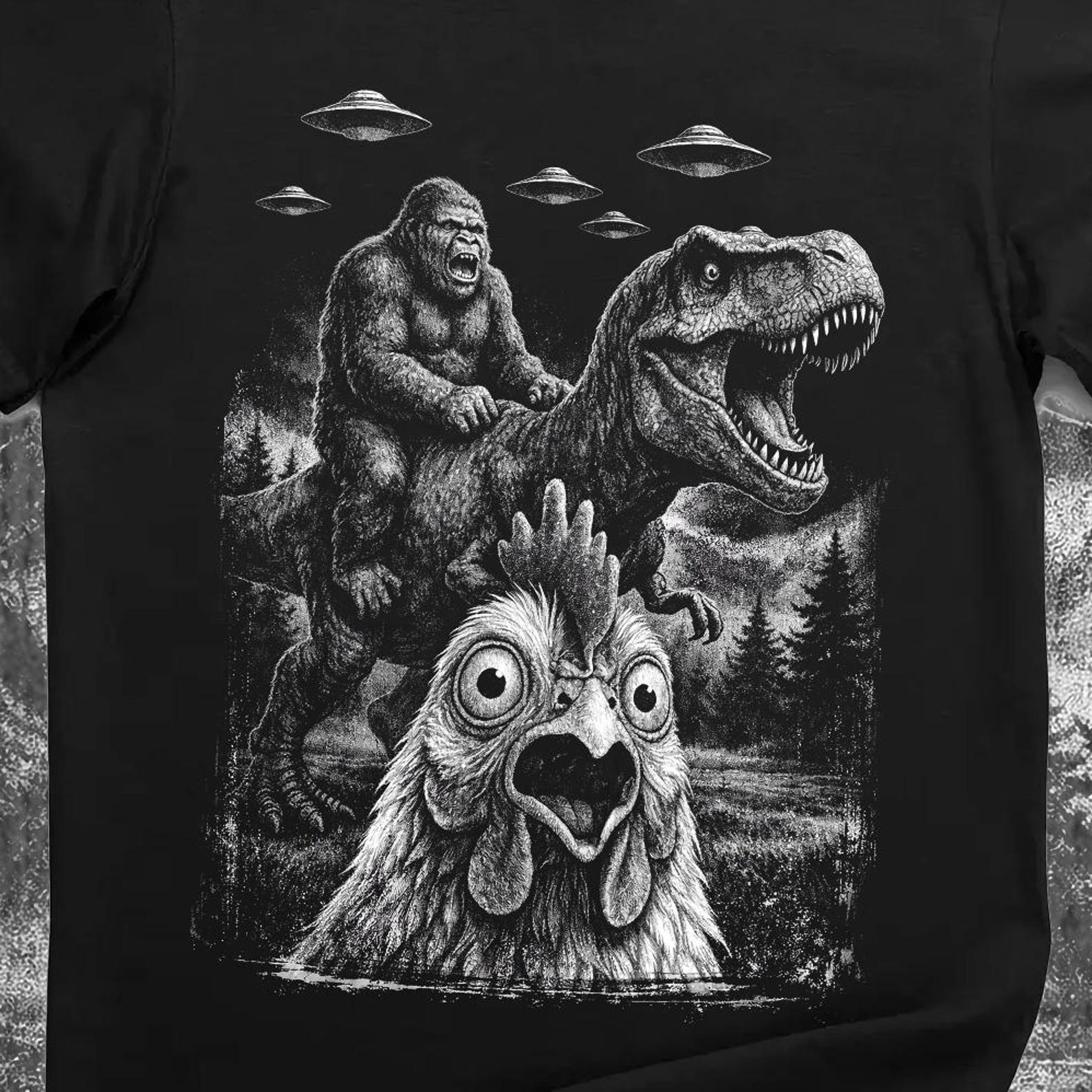 Bigfoot Riding T-Rex UFO Shirt – Absurd Meme Chicken Graphic Tee S