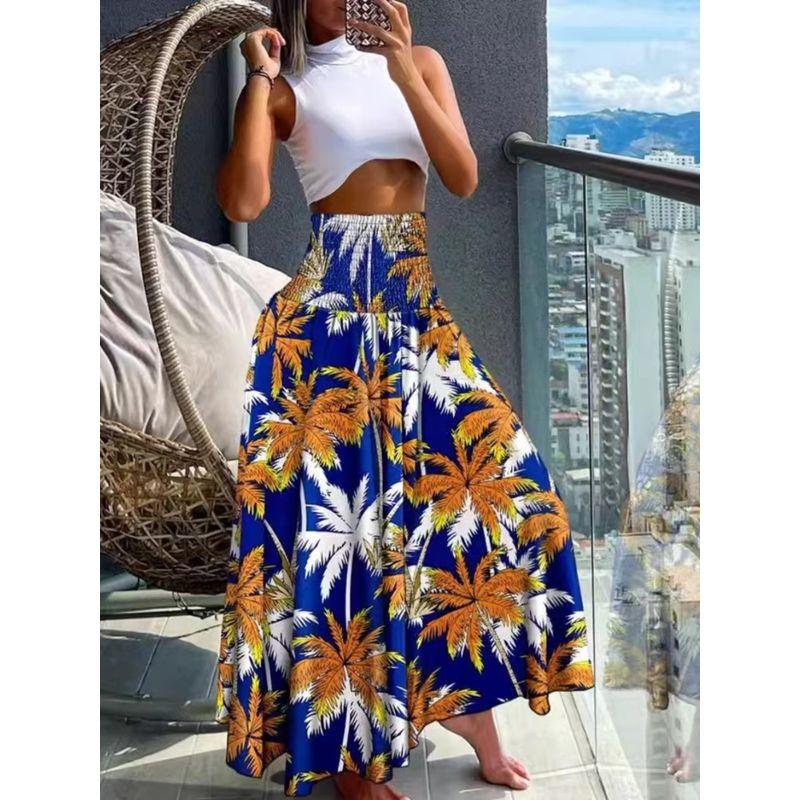Bohemia Style Plus Size Women's Elastic High Waist Fashion Leaves Geometric Pattern Fashion Skirt Beach Dress