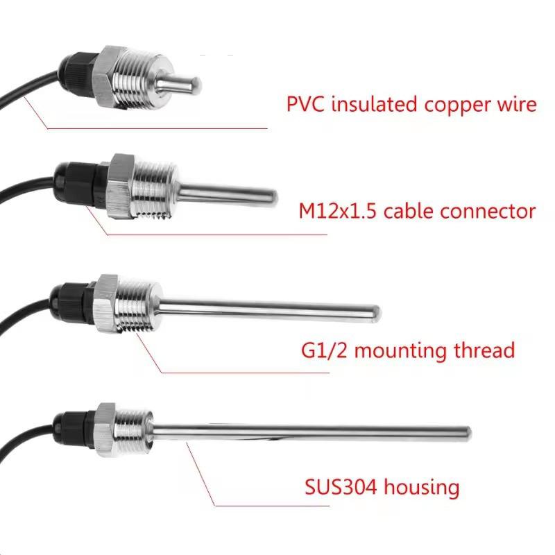 DS18B20 Digital Temperature Sensor with G1/2" Thread Probe Diameter 8mm PVC 3-Core Wire SUS304 Stainless Steel Shell L30-200mm