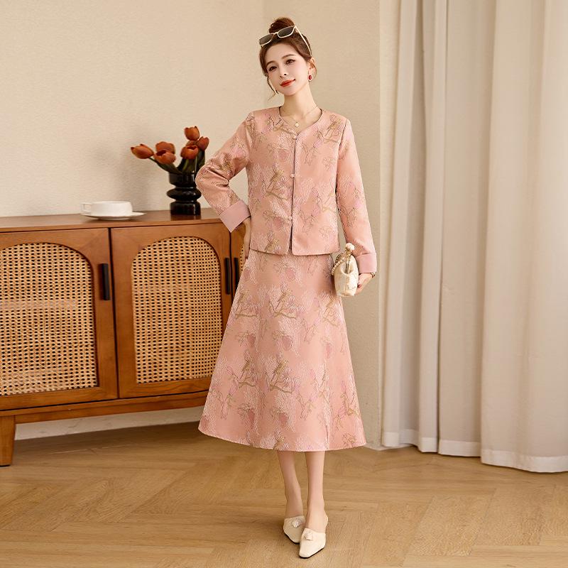 Set Rochie Două Piese Fustă și Articol Exterior Satin Jacquard Chinezesc Primăvară 2025