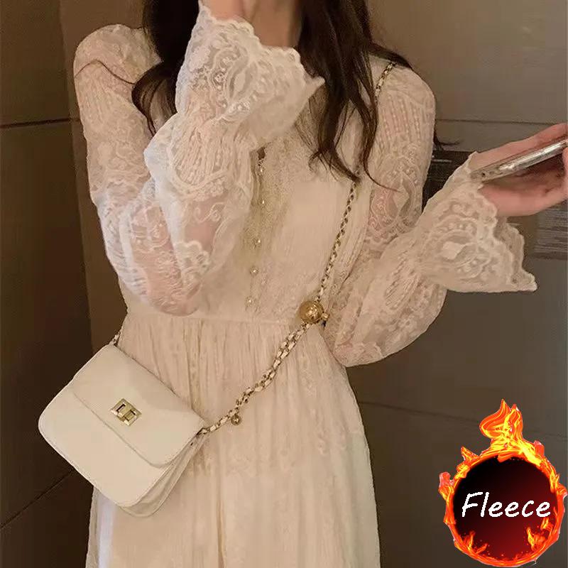 Danmo French Style Dress Women's Spring Autumn Lace Sleeve Slimming Belly-Covering Long Dress