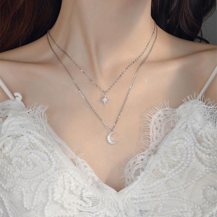 2024 Women's Sterling Silver Star & Moon Double Layer Necklace: Light Luxury, Personalized Summer Clavicle Chain
