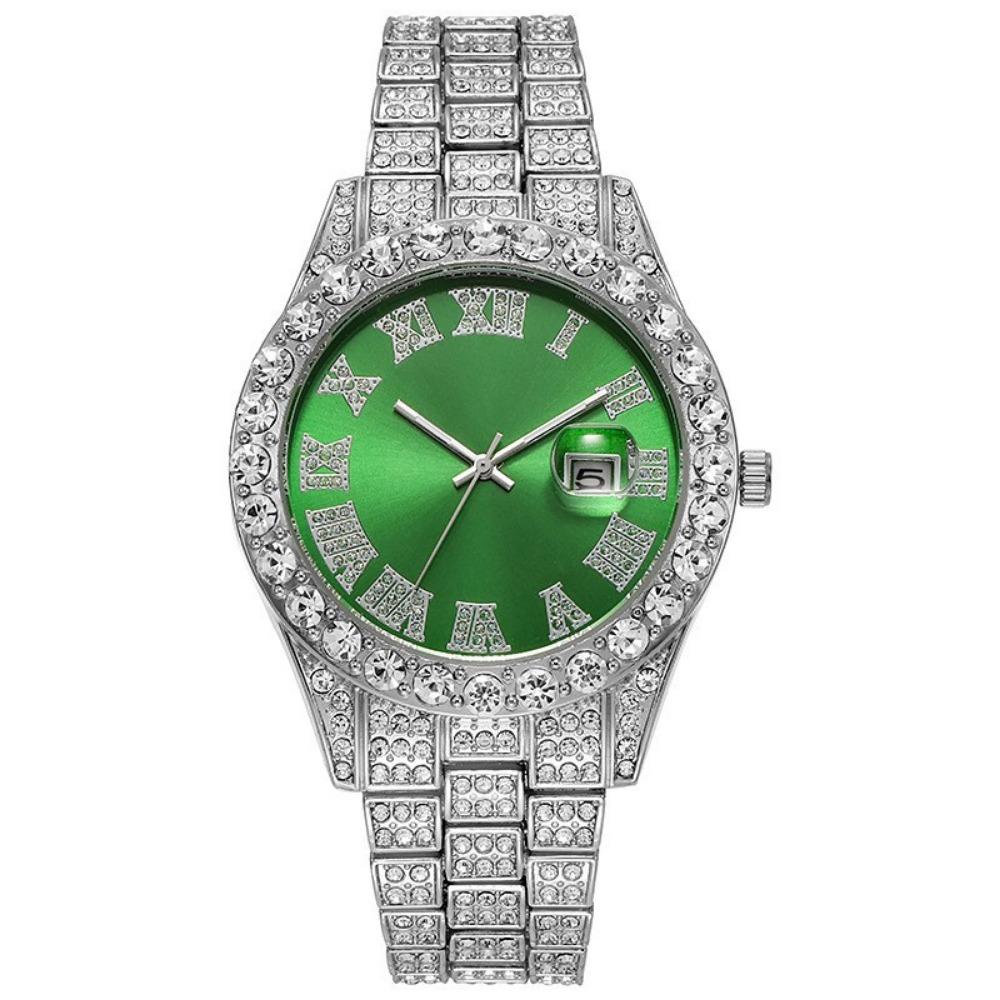 Men's Hip Hop Trendy Fashion Large Dial Diamond Cuban Chain Watch Set