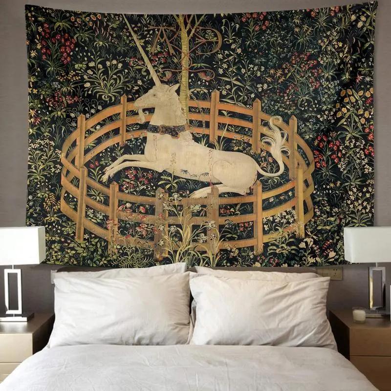 Medieval Unicorn Tapestry Vintage Floral Wall Hanging Polyester Classic Art Decor for Bedroom Living Room
