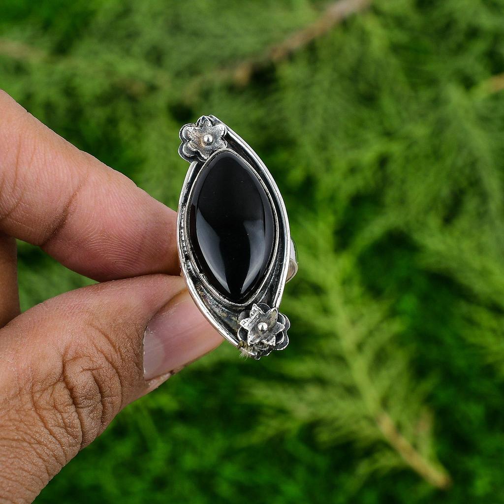 Black Onyx Gemstone Sterling Silver Statement Promise Mother Flower Ring Jewelry