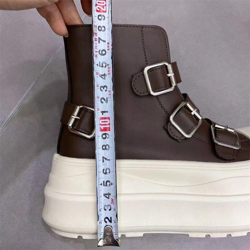 European-Style Genuine Leather Height-Increasing Women's Motorcycle Boots with Thick Sole and Buckle