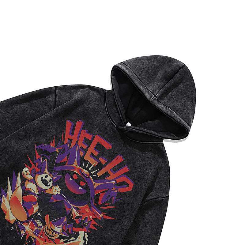 Dunkler Cartoon Direktdruck Hoodie Retro 430G Reine Baumwolle Lockerer Vintage Pullover Herren