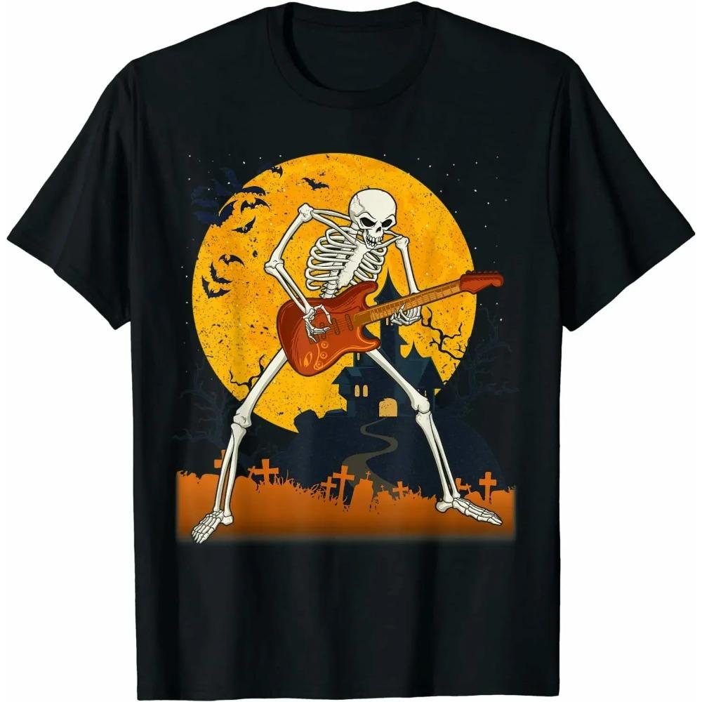 

Футболка Skeleton Guitarist Under The Moon Funny Halloween Band Gift, 100% хлопок, O-образный вырез, летняя, с коротким рукавом, повседневная мужская футболка XXXXXL чёрный