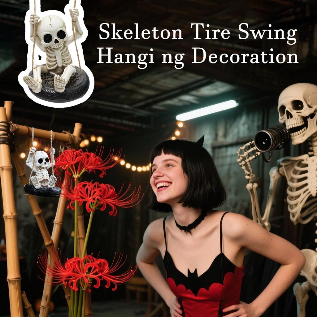 Skeleton Garden Statues Small Landscape Decoration Sculpture Hangable Garden Skeleton Tire Swing Sculpture For Halloween Indoor
