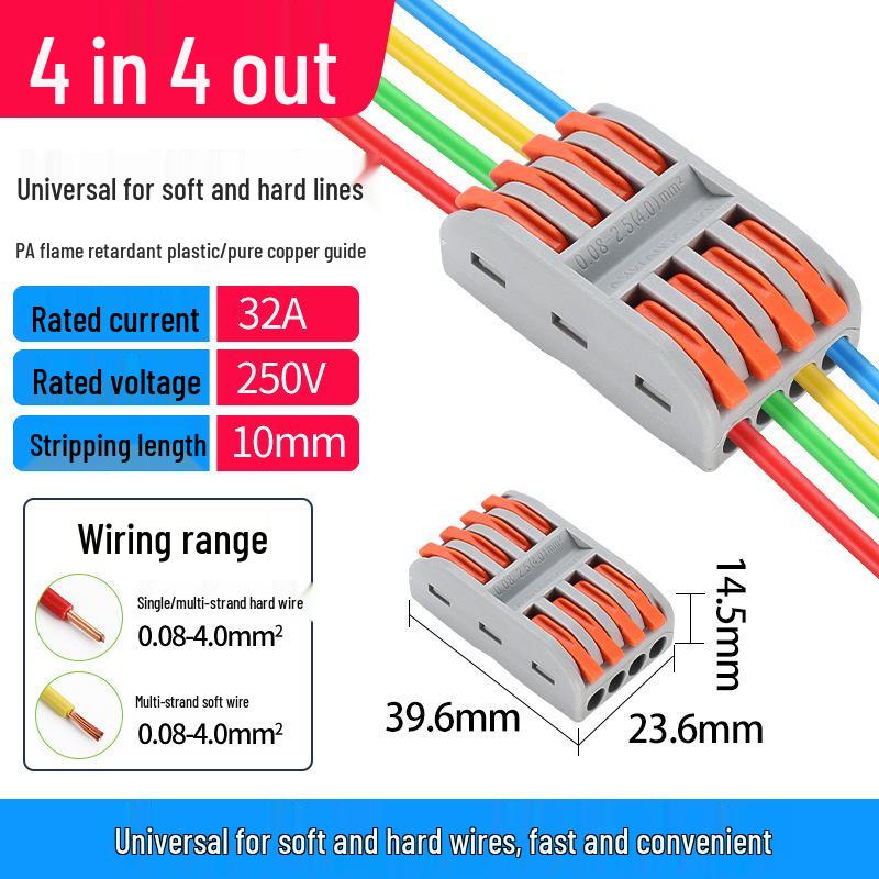 PCT Push-in Quick Wiring Terminal and Branch Connector for Stranded/Solid Wire, 2-in 2-out