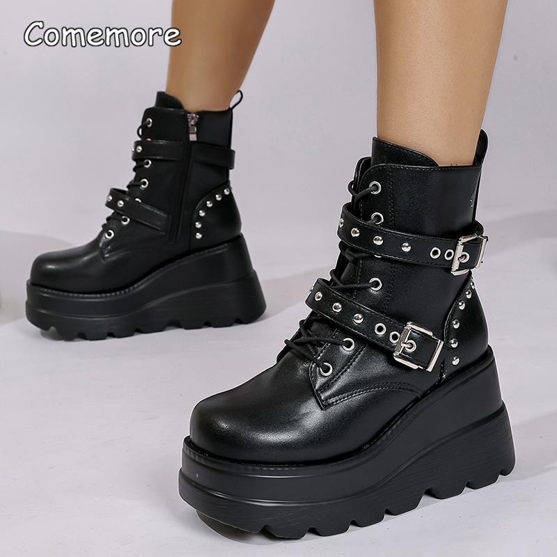 Fashion Women's Gothic Chunky Platform Ankle Boots Thick Bottom Wedges PU Leather Shoes Woman Rivet Buckle Decor Black Punk Boots 35 43
