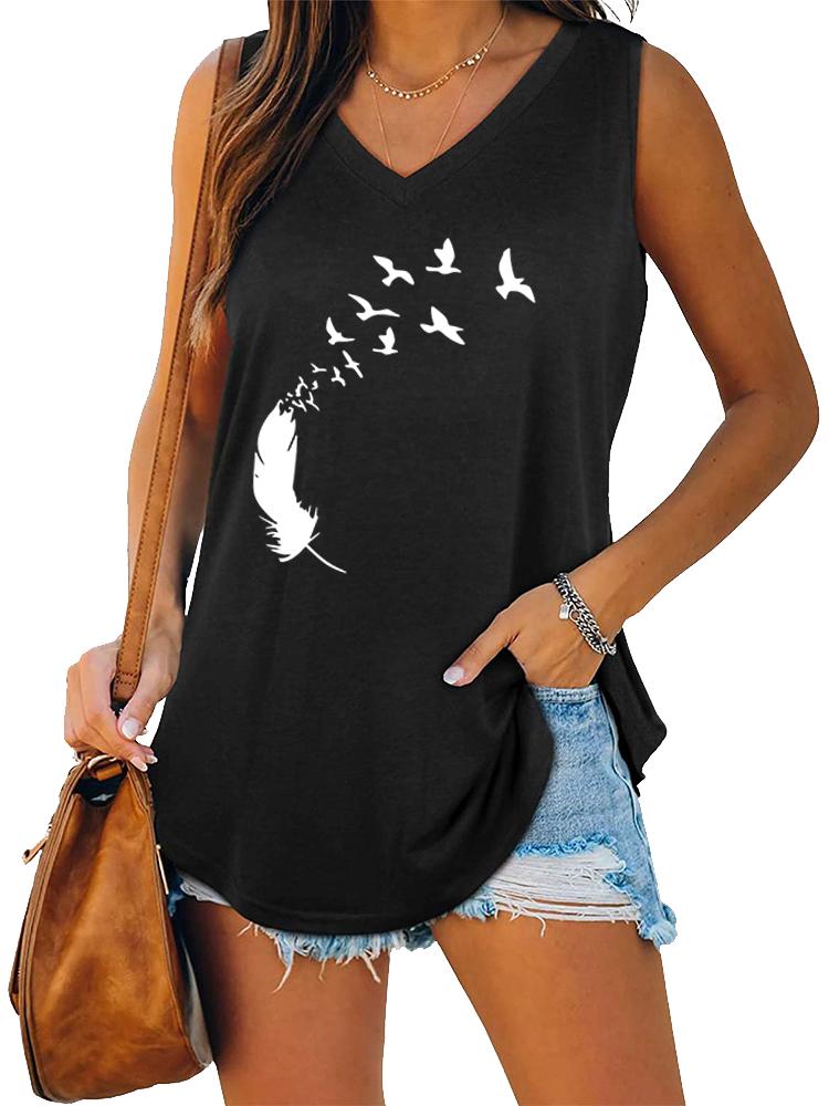 Women Fashion V Neck Tank Top Summer Casual Printed Sleeveless Top