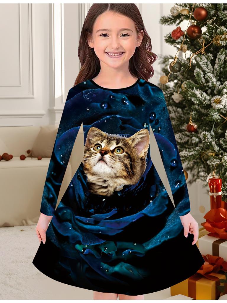Girls' Autumn and Winter Fashion Dress, 3D Kitten Print  Round Neck Long Children's T-shirt Dress, Casual Versatile, Christmas Clothing
