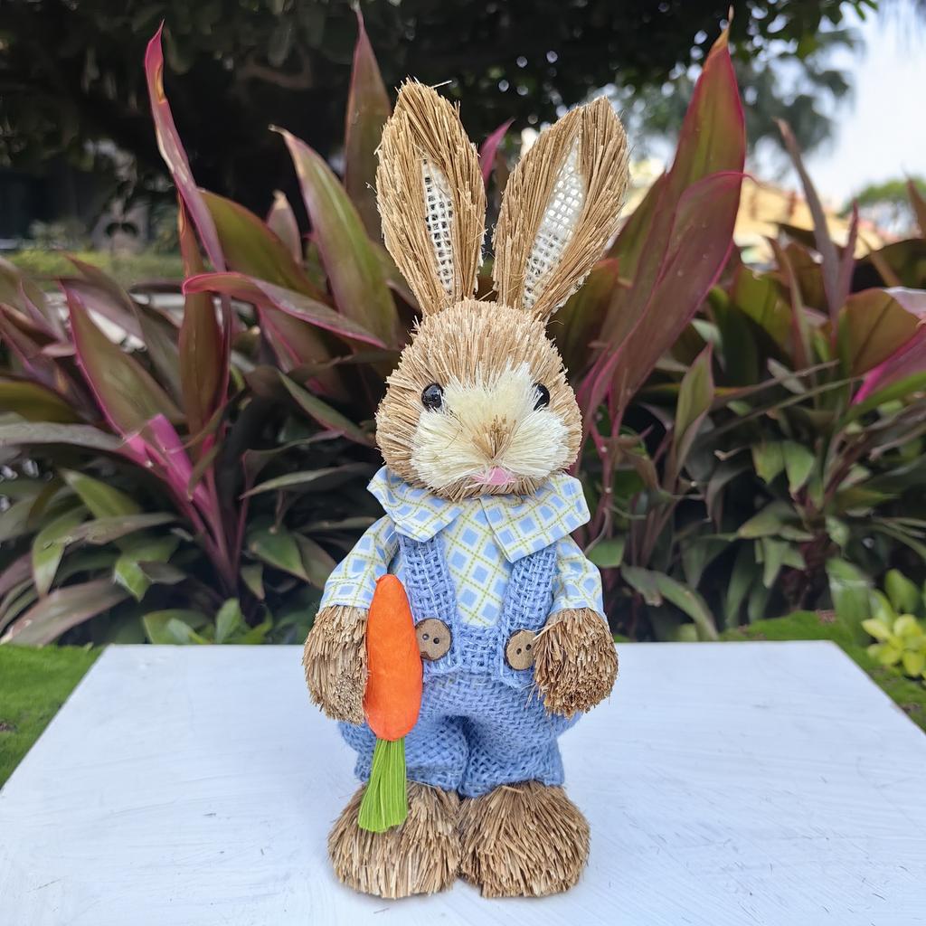 Easter Rabbit Decoration Straw Rabbit Ornament Creative Artificial Bunny Figure 25cm Home Holiday Cute with Flower Wreath