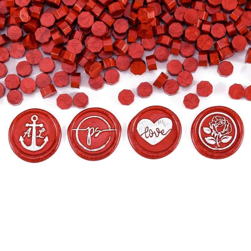 1 Bottle of 200pcs Metallic Red Sealing Wax Beads, Octagon Wax Seal Beads Candles and Melting Spoon for Wax Seal Stamp