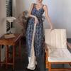 French Floral V-neck Suspender Dress Women's Summer Sweet Babes Skirt Blue Retro Temperament Split-ended Long Dress