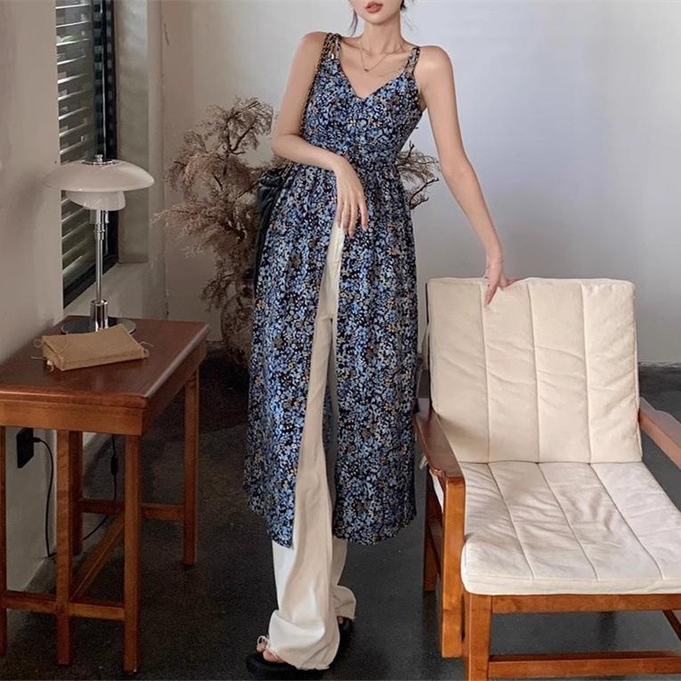 French Floral V-neck Suspender Dress Women's Summer Sweet Babes Skirt Blue Retro Temperament Split-ended Long Dress