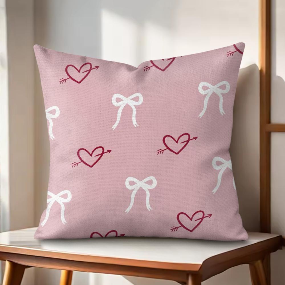 Pink Bow Cherry Pattern Cushion Cover Natural Linen Organic Fabric DoubleSided Printing Couch Pillow Covers Home Decor