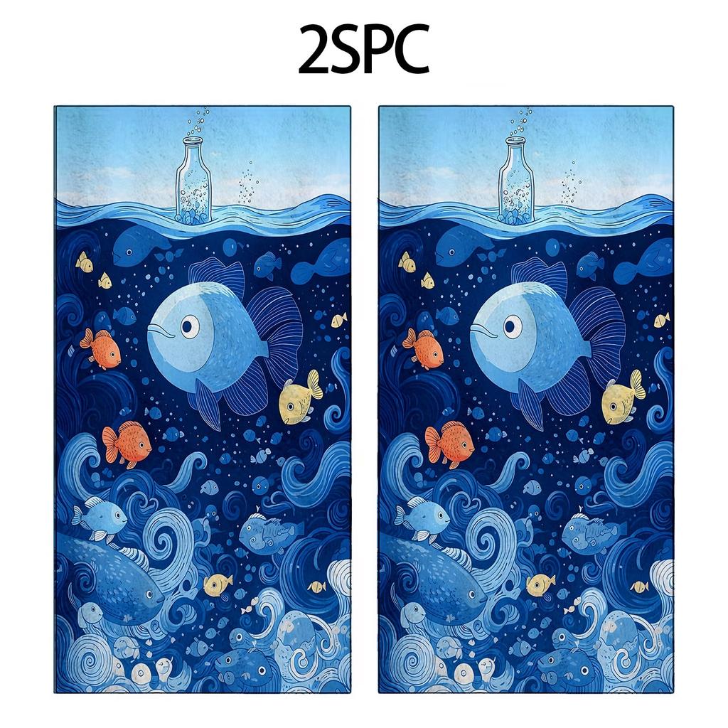 Blue waves and colorful fish patterns polyester microfiber beach towel is highly absorbent, suitable swimming and beach outings
