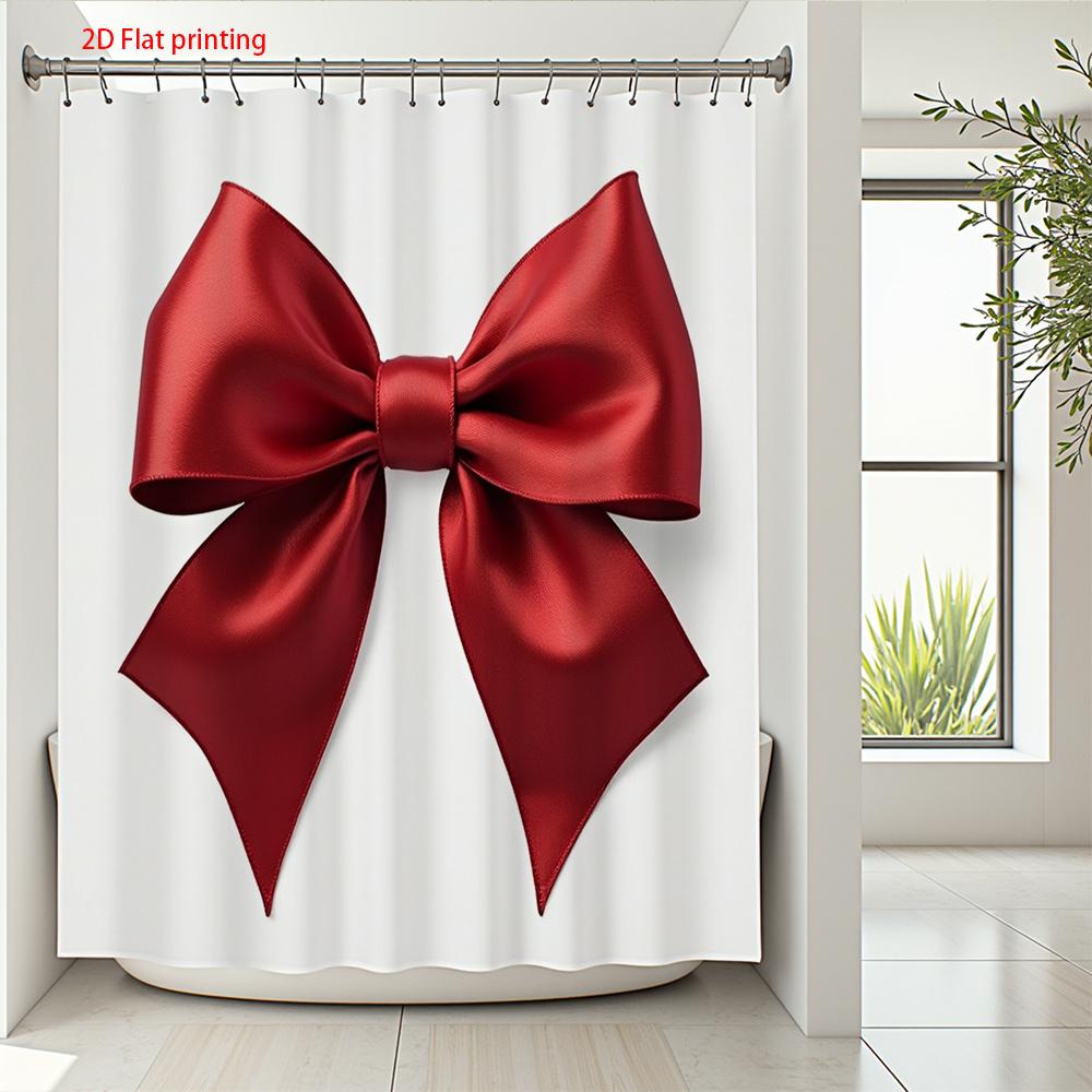 Elegant Red Bow Shower Curtain White Background Polyester Bath Curtain With Hooks For Modern Bathroom Decor