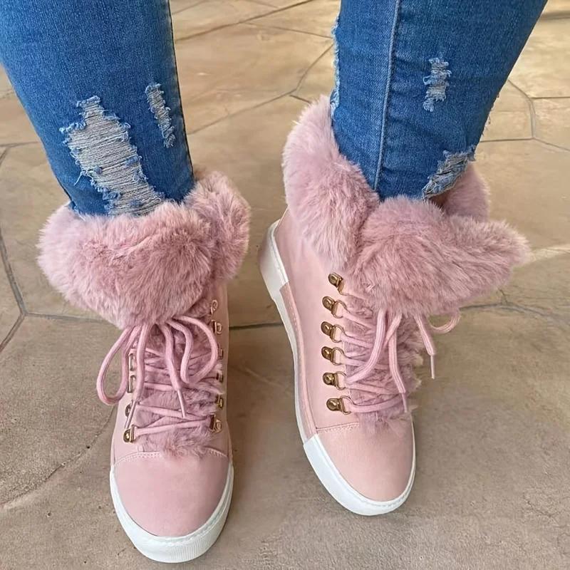 36-43 Women Fluffy Thick Fleece Liner Ankle Snow Boots Thermal Solid Color Lace Up Faux Leather Platform Shoes Botas Mujer
